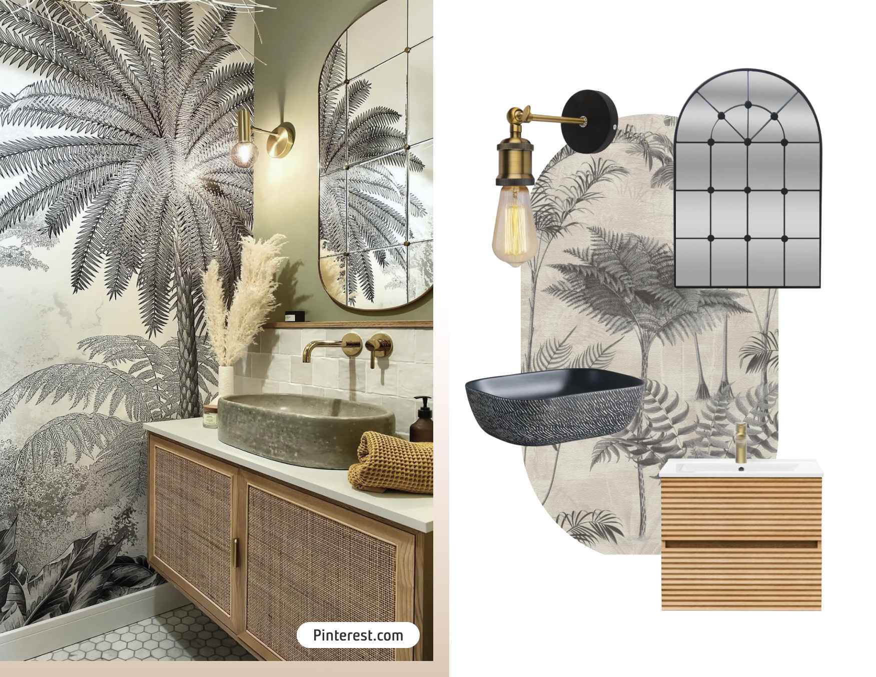 Moodboard de inspiración con una foto de un baño con papel mural ilustrado de selva en blanco y negro, un mueble vanitorio de madera, lavamanos de piedra y espejo estilo ventana. Al costado están los productos disponibles en Sodimac para lograr ese look.