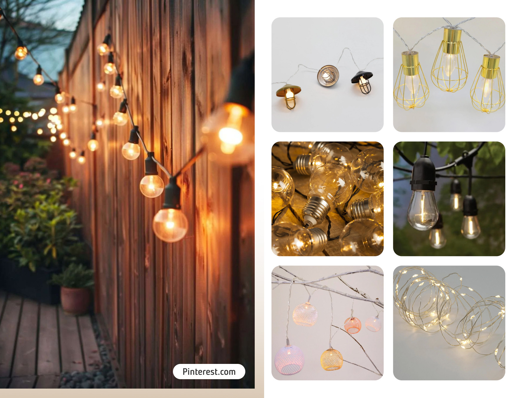 Moodboard de inspiración con guirnaldas de luces cálidas que sirven como ideas para iluminar un jardín en verano.