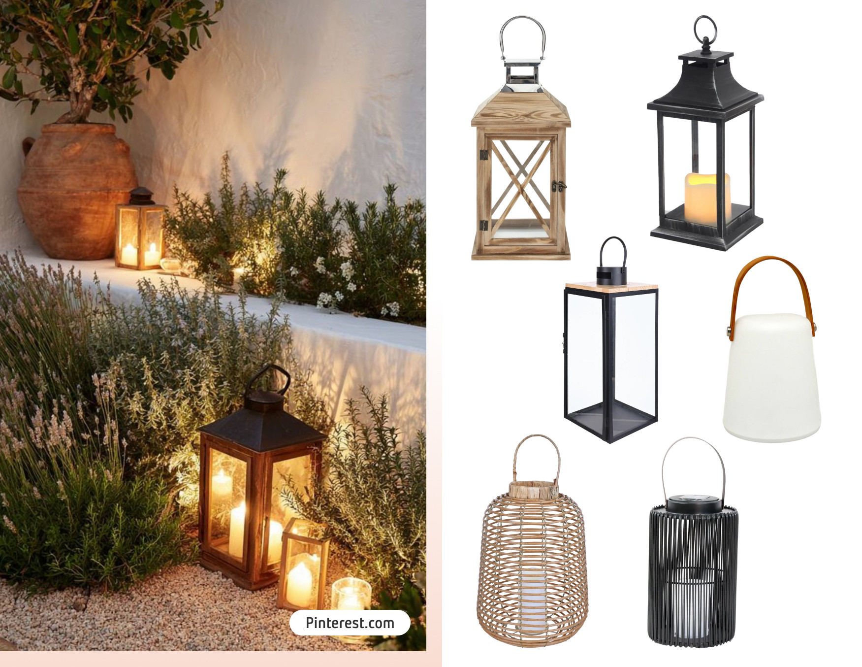 Detalle de una terraza. Sillón de mimbre con cojines blancos, junto a él hay tres fanales de fibras naturales, con velas led dentro. Dos de ellos son grises y uno es café claro. Están sobre una alfombra con líneas en tonos grises.