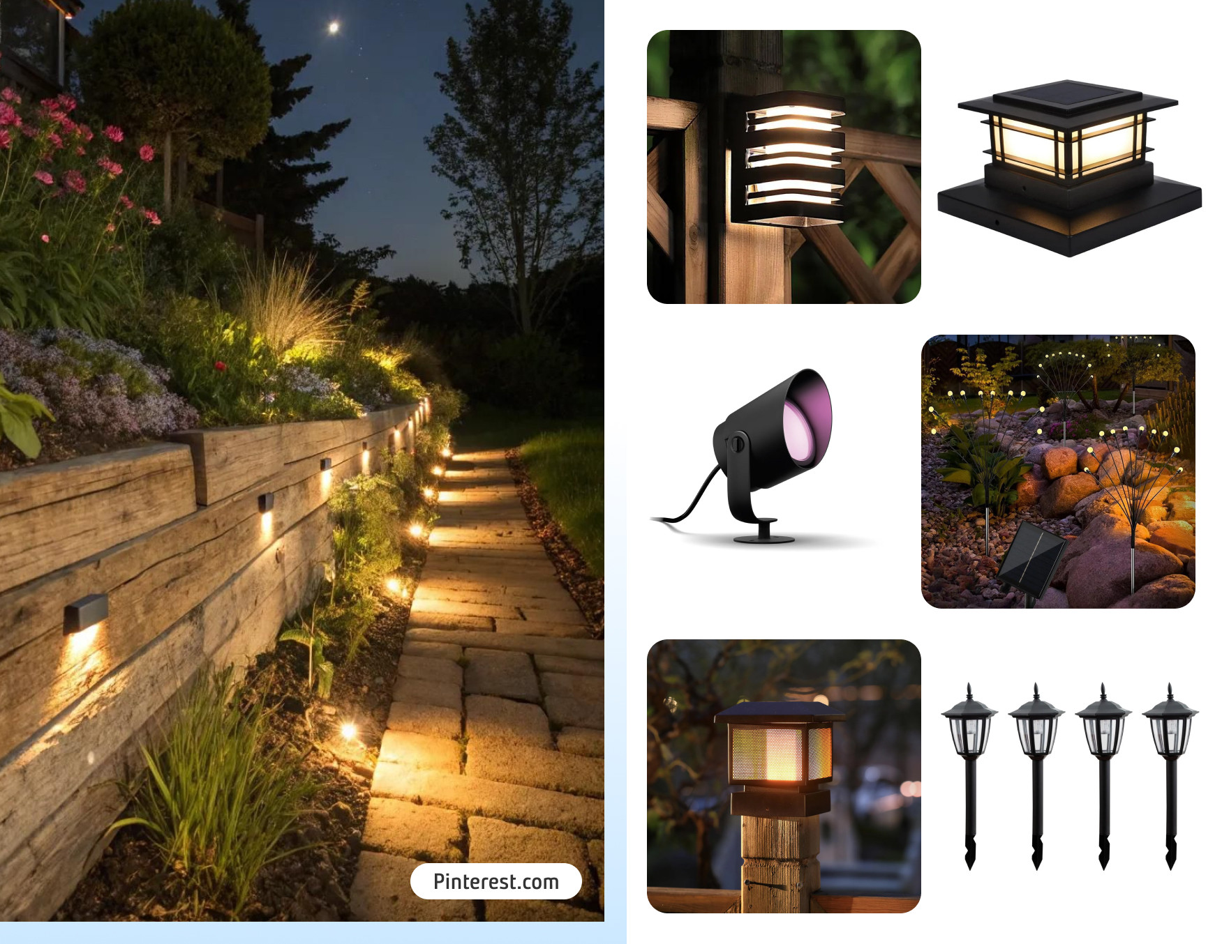 Moodboard de inspiración con fotos de focos solares que iluminan un jardín de noche.