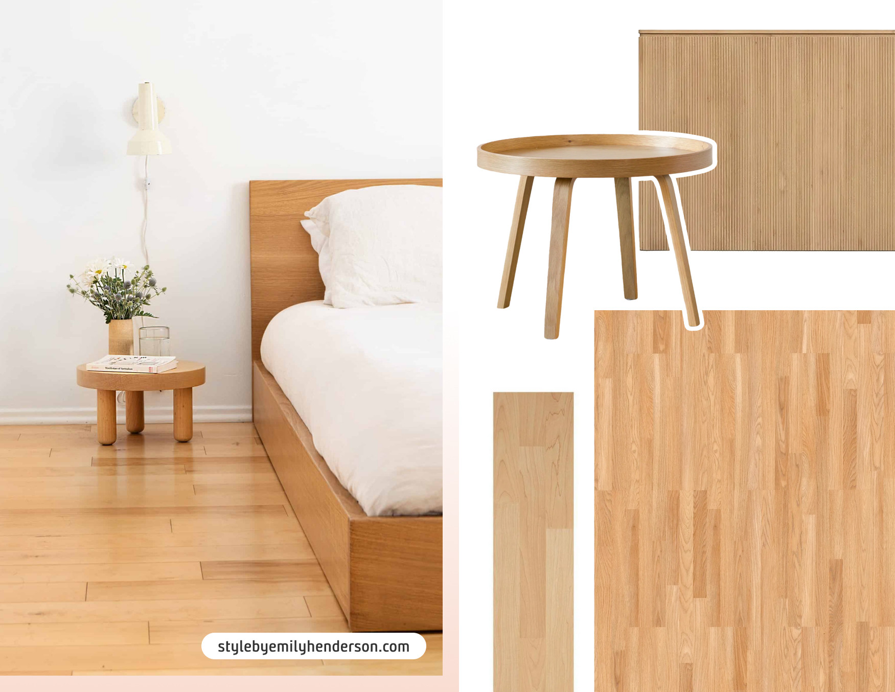 Moodboard de inspiración con una foto de un dormitorio con piso de madera, cama y velador de madera y ropa de cama blanca. Al lado están los productos disponibles en Sodimac para lograr ese look.