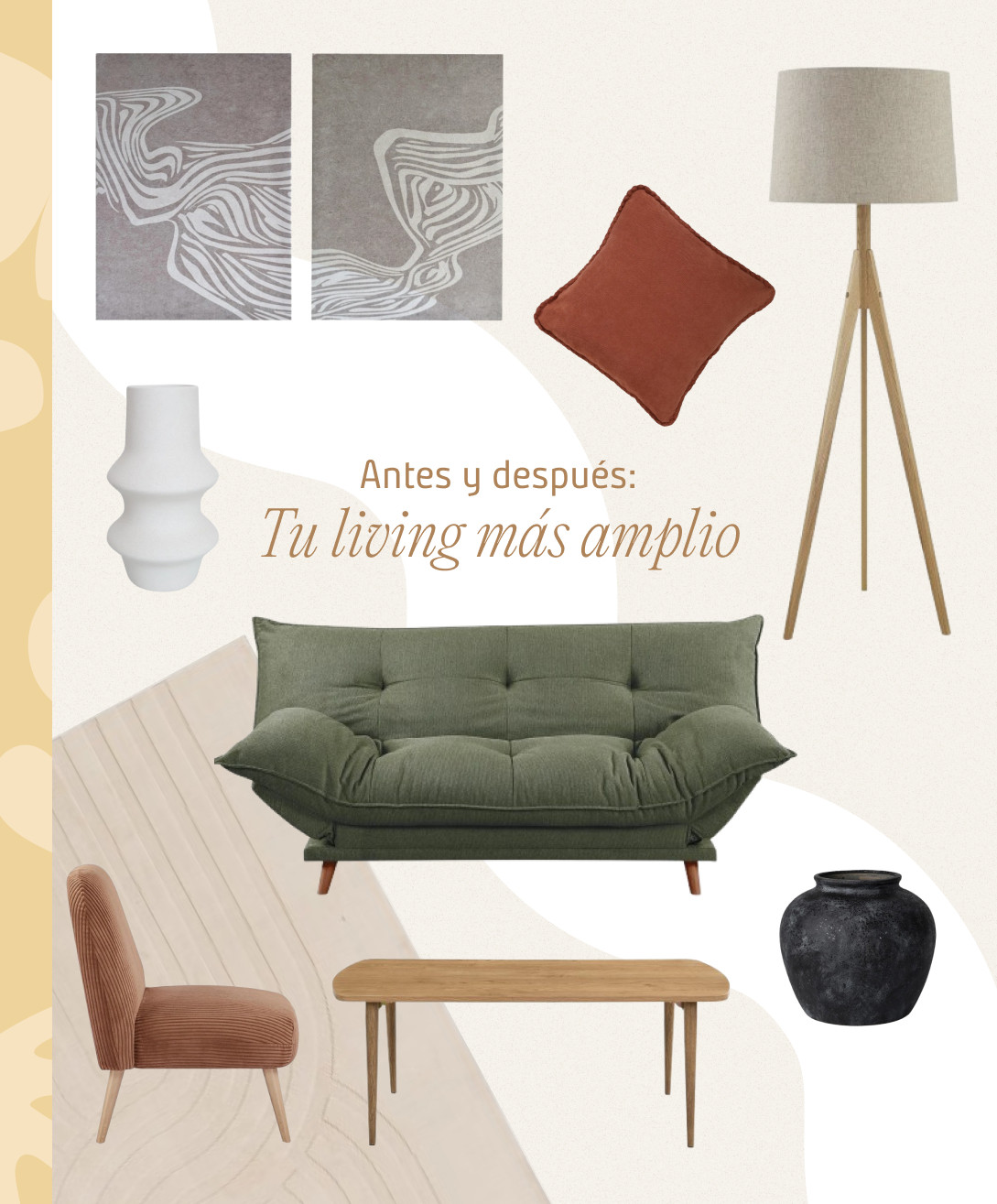 Moodboard de un living con un sofá verde oliva con un cojín terracota, dos cuadros gris claro con líneas orgánicas, una lámpara de pie de madera clara y pantalla blanca, una alfombra beige claro, floreros, y una poltrona terracota
