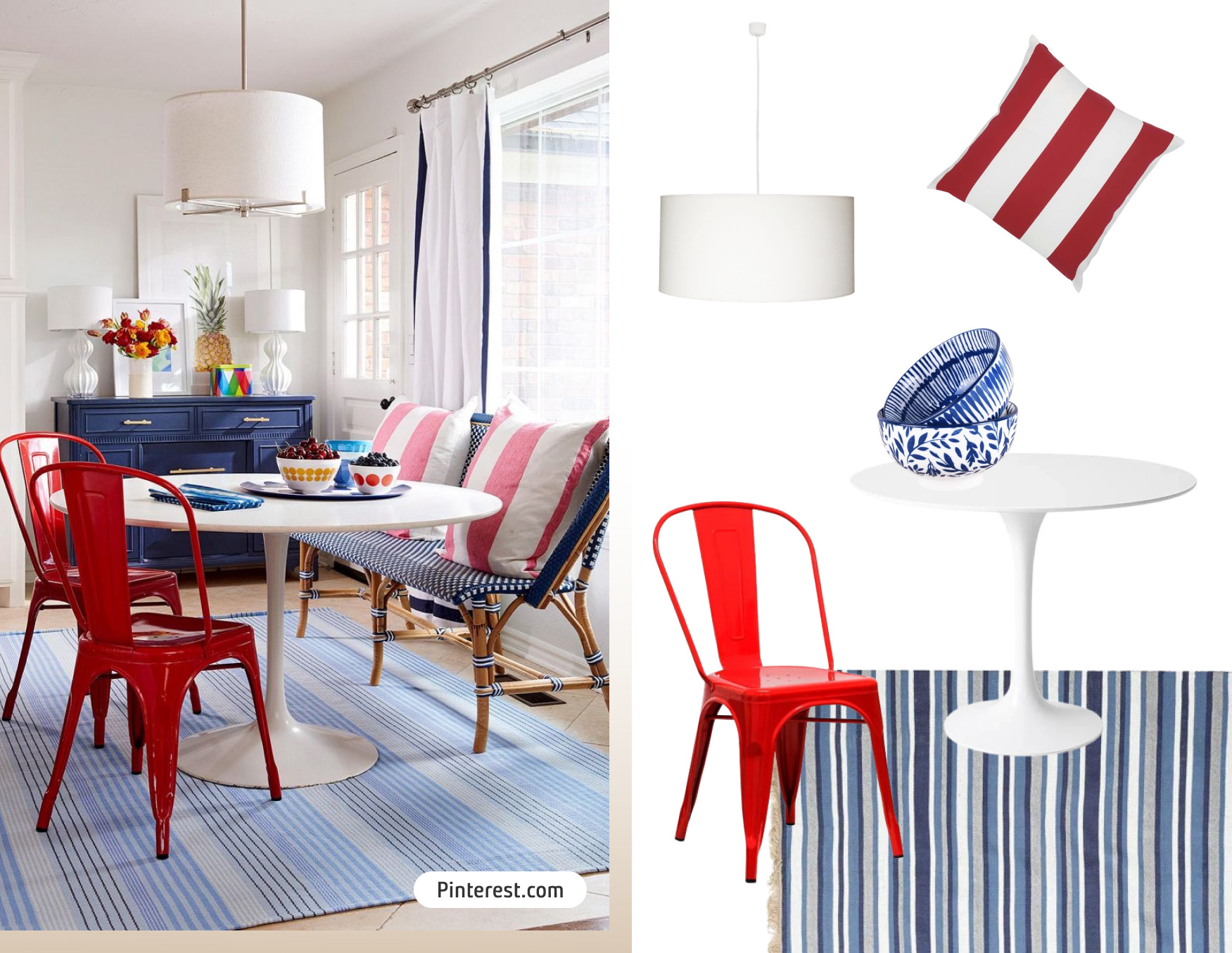 Moodboard de inspiración con una foto de un comedor con mesa blanca, sillas rojas y azules, alfombra rayada azul y una lámpara colgante con pantalla blanca. Al costado están los productos disponibles en Sodimac para lograr ese look.