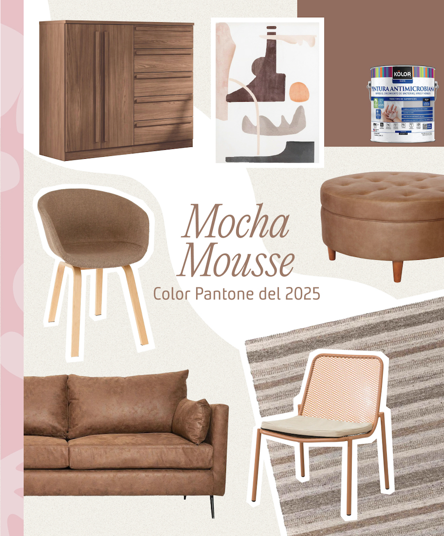 Moodboard Sodimac con productos del color Pantone 2025, Mocha Mousse. Incluye una poltrona, clóset, pouf, sillas, sofá, alfombra, pintura y un cuadro.