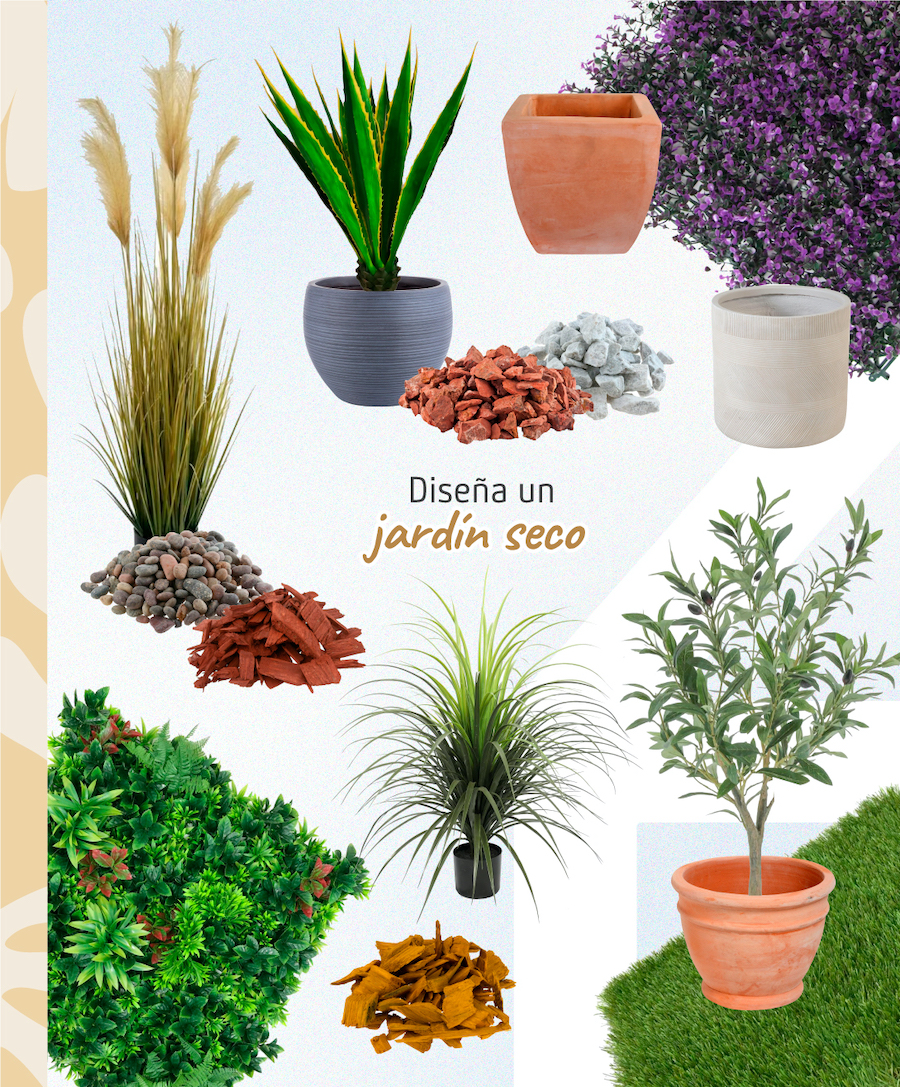 Moodboard Sodimac con productos para crear un jardín seco. Incluye plantas, maceteros y piedras