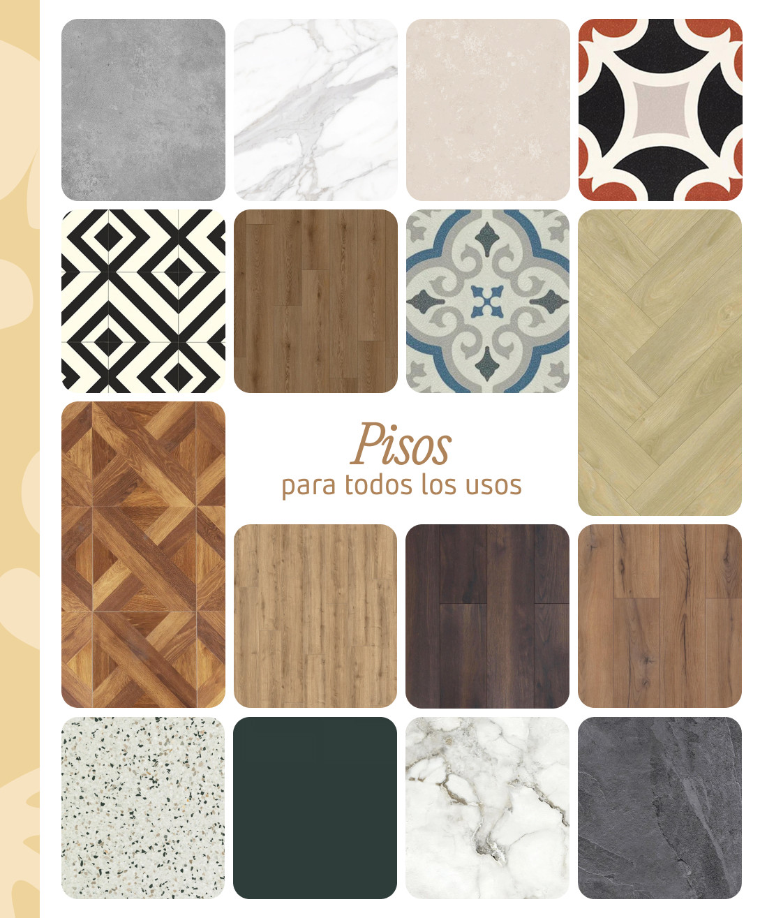 Moodboard Sodimac con varios tipos de pisos según su uso. Incluye pisos de madera, vinílicos, cerámicos y porcelanatos