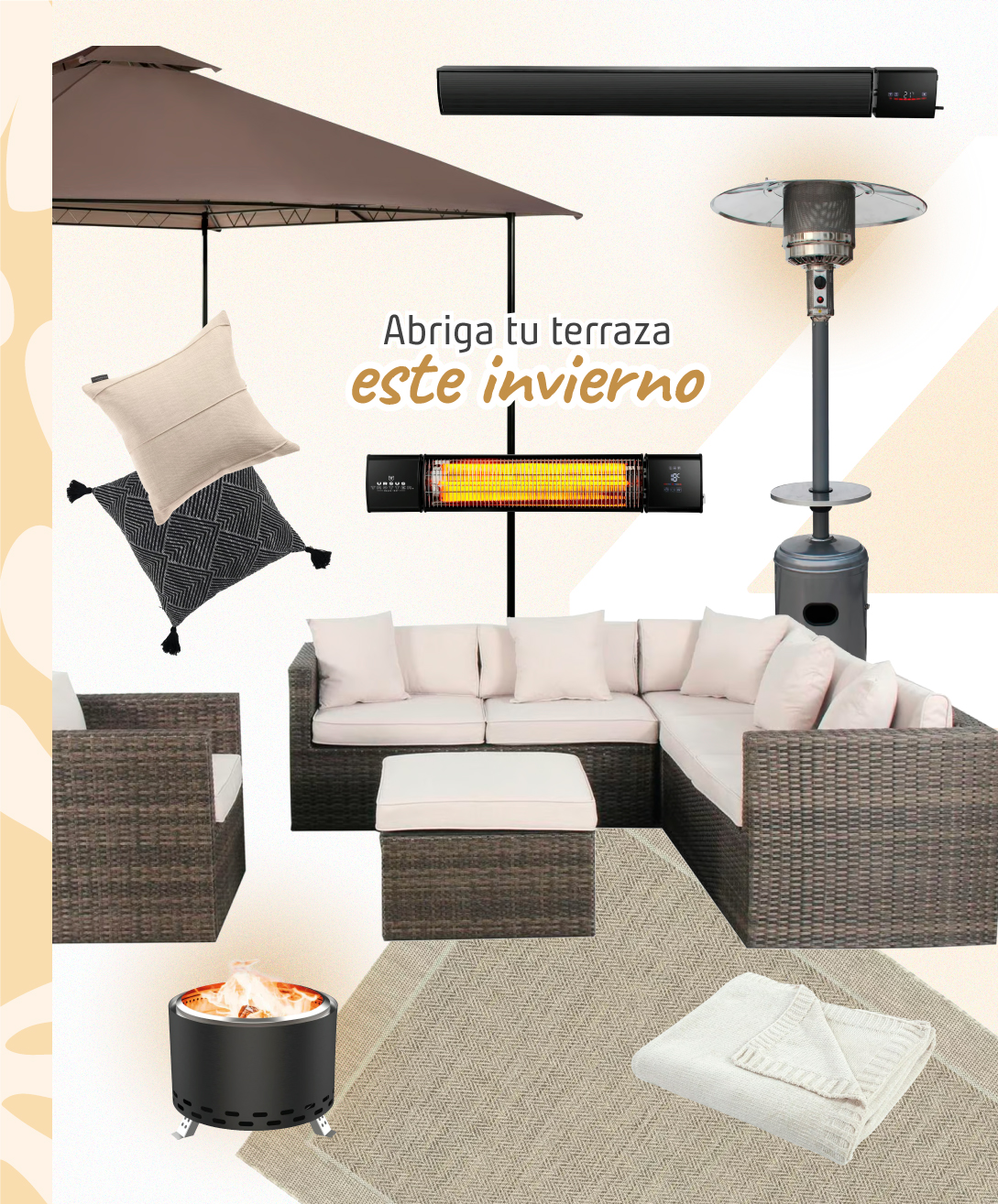 Moodboard con productos Sodimac para una terraza de invierno. Incluye muebles, estufas exteriores, cojines, alfombras y toldo.