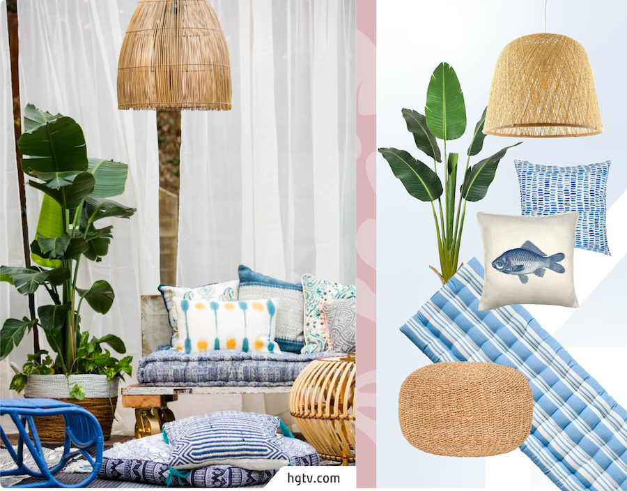 Imagen de una terraza boho junto a un moodboard Sodimac que incluye productos para un refugio anti estrés, como pouf, lámpara de mimbre, cojines y plantas