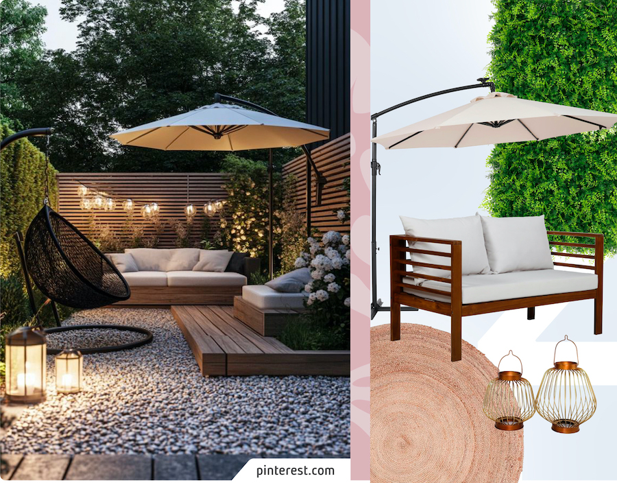 Imagen de una terraza moderna, con muebles a medida, junto a un moodboard Sodimac que incluye productos para un refugio anti estrés, como sillón exterior, gran quitasol, alfombra, muro de pasto sintético y adornos.