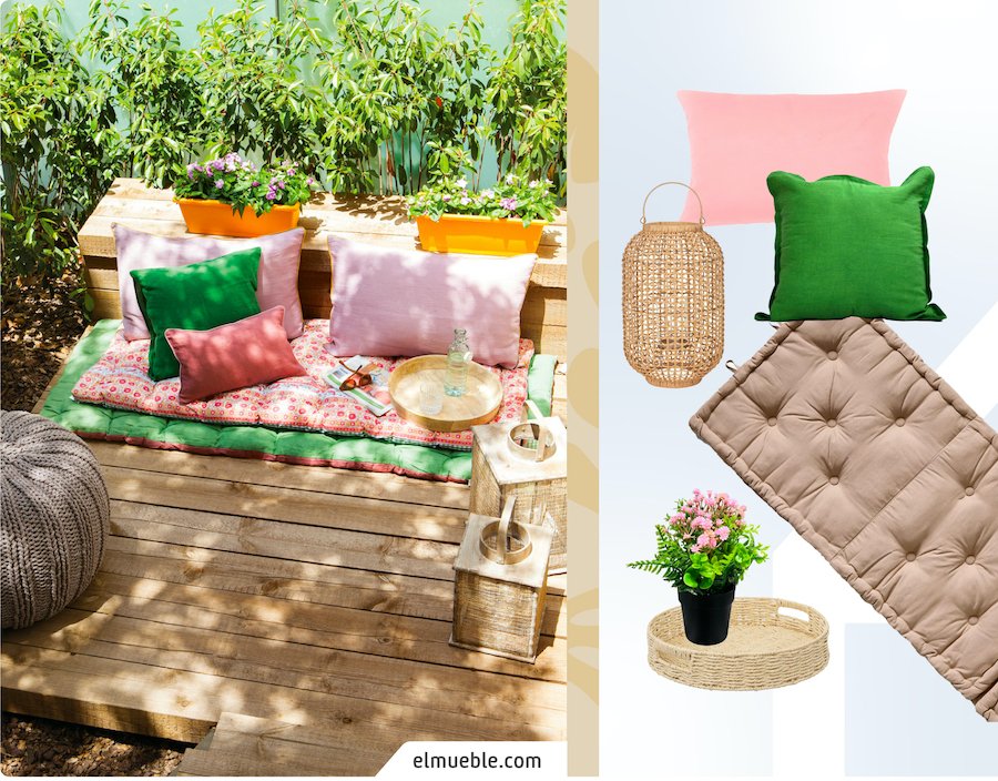 Imagen de una terraza colorida junto a un moodboard Sodimac que incluye productos para un refugio anti estrés, como cojines, fanales y una bandeja con una planta