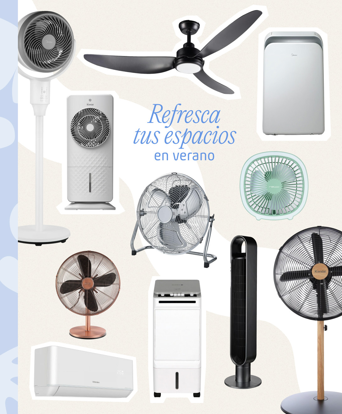 Moodboard Sodimac con productos de ventilación para refrescar los espacios. Incluye ventiladores de techo, aires acondicionados y ventiladores de pie y suelo.