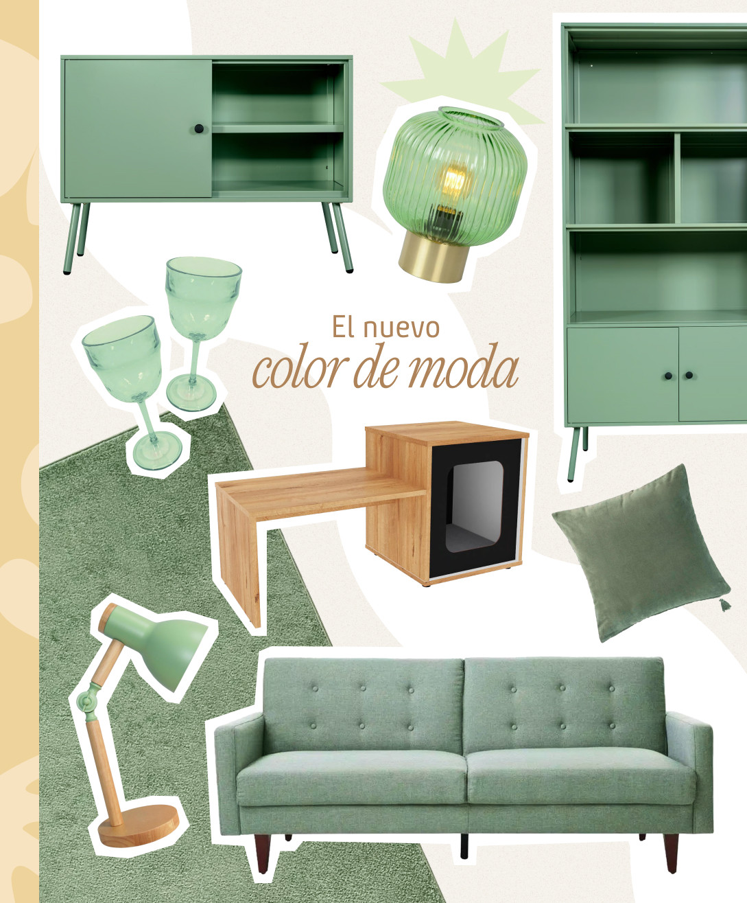 Moodboard Sodimac con productos color menta. Incluye repisa y arrimo, sofá, lámpara, cojín, copas, alfombra y una lámpara