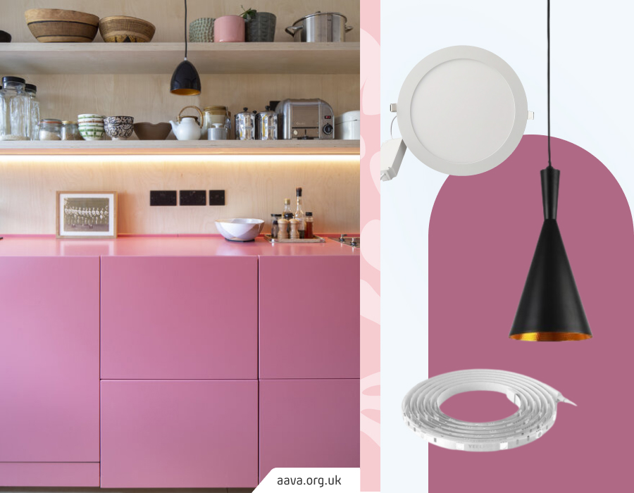 Cocina estrecha y angosta con iluminación bajo repisas flotantes de madera. Muebles rosados y lámpara colgante negra pequeña. Moodboard Sodimac que incluye color rosado oscuro, foco empotrado redondo, luces led y lámpara colgante negra