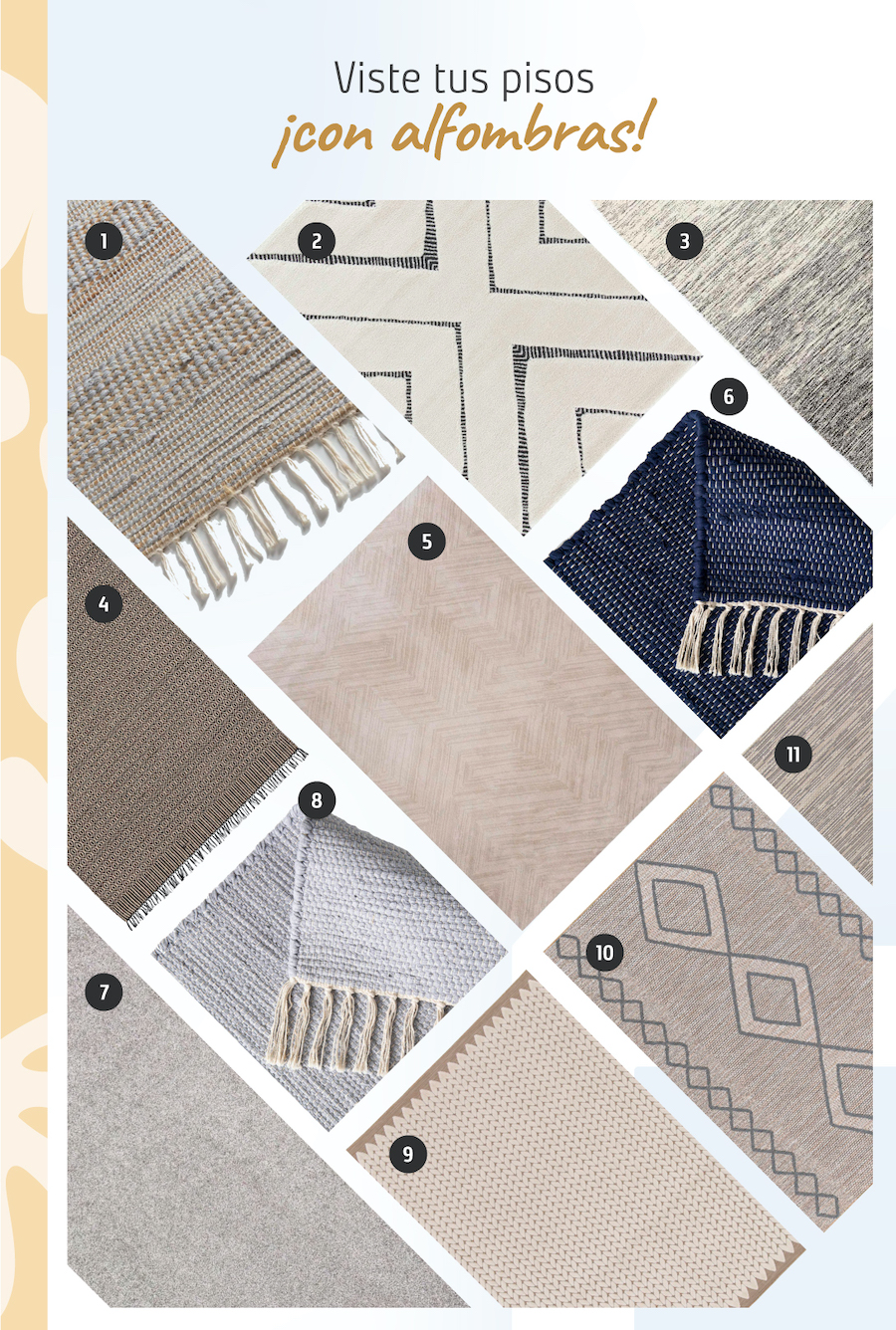 Moodboard de inspiración con 11 tipos de alfombras para living comedor en tonos neutros disponibles en Sodimac.