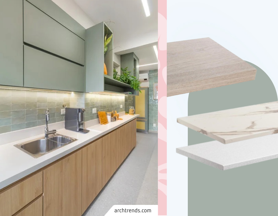 Cocina estrecha y angosta con muebles inferiores de madrea, y superiores color verde grisáceo. Moodboard Sodimac que incluye color verde grisáceo, cubiertas de madera, cuarzo y mármol