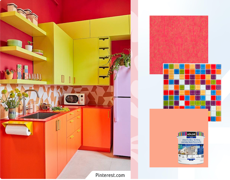 Moodboard Sodimac con una foto de cocina estilo kitsch con colores vibrantes y productos como pintura, azulejos de colores y azulejo color sandía