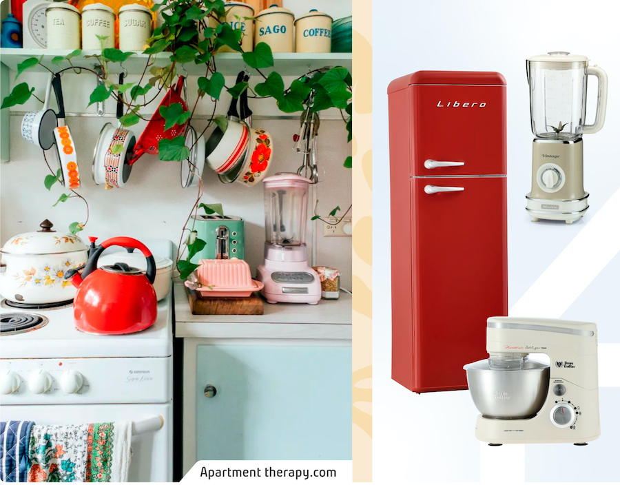 Moodboard Sodimac con una foto de cocina estilo kitsch con electrodomésticos vintage y productos como refrigerador rojo, juguera y batidora