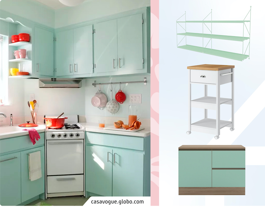 Moodboard Sodimac con una foto de cocina estilo kitsch con muebles vintage color menta. Productos como isla de cocina blanca, mueble inferior color menta y repisa metálica de tres niveles