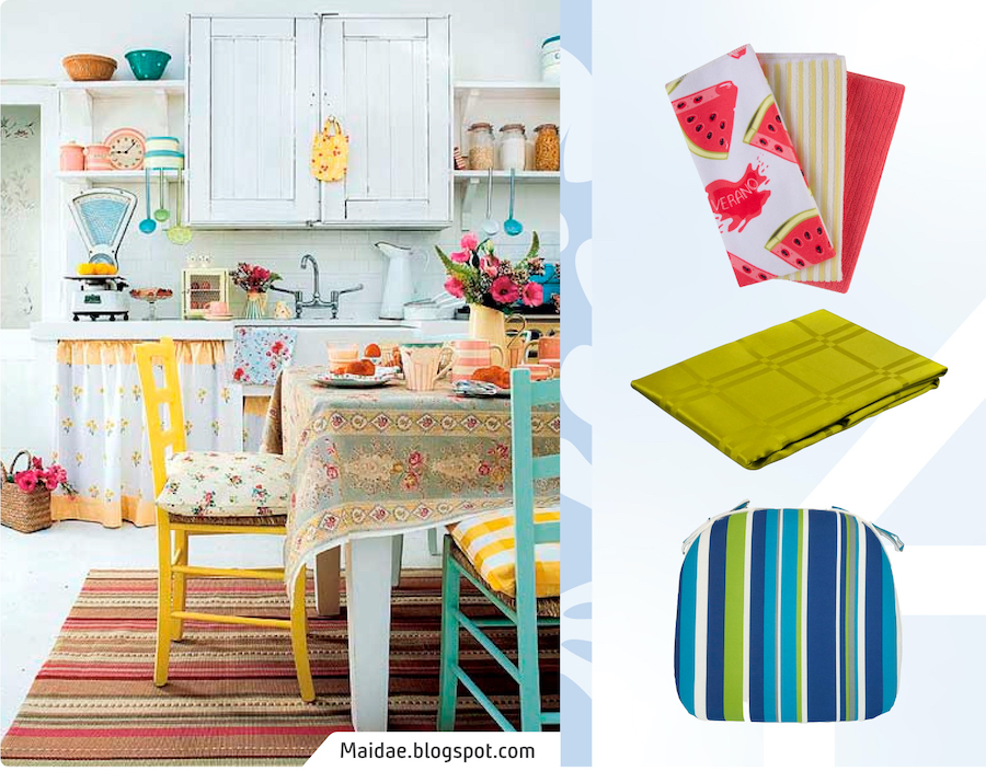 Moodboard Sodimac con una foto de cocina estilo kitsch con textiles y alfombra bajo una mesa. Producto como set de paños de cocina, mantel verde y cojín para la sillas.