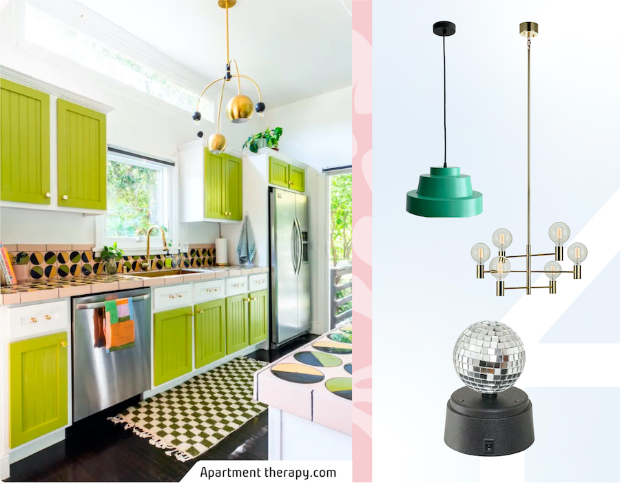 Moodboard Sodimac con una foto de cocina estilo kitsch con gran lámpara central estilo sónico. Productos que incluyen lámpara de techo con ampolletas a la vista, lámpara de pantalla metálica verde y luz tipo disco.