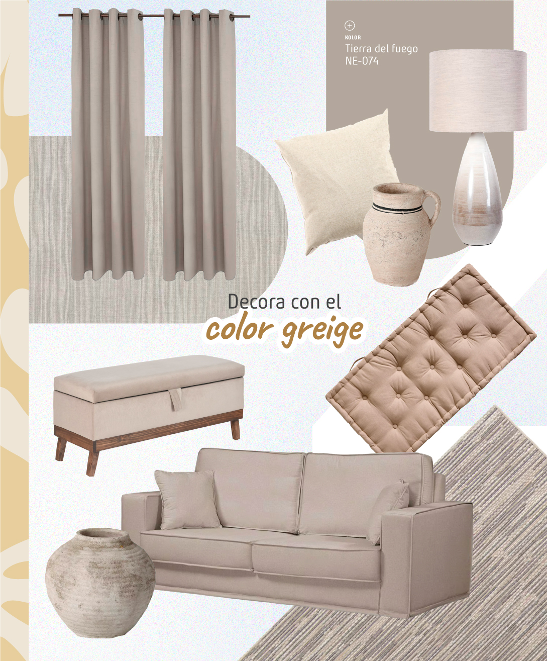 Moodboard Sodimac con productos color greige, que incluyen sofá, cojines, banqueta, cortinas, pintura, lámpara, cojines y alfombra.