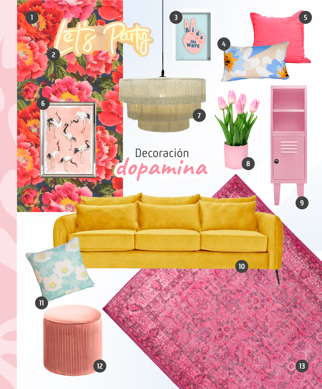 Moodboard de decoración dopamina, incluye productos como sofá amarillo de ttres cuerpos, alfombra kilim rosa, cojin con flores, pouf rosado, lámpara de techo, locker, plantas y cuadros. Todo disponible en Sodimac