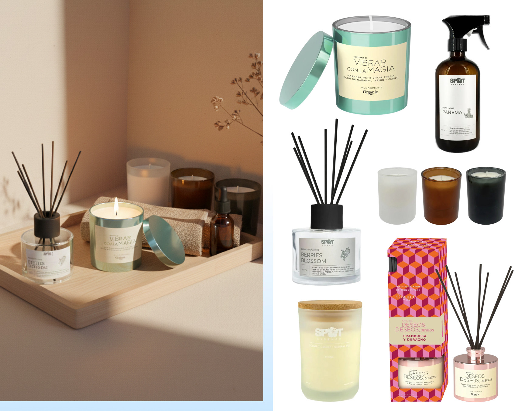 Moodboard de inspiración con una foto de una bandeja con velas y difusores, y al costado, más velas aromáticas y difusores de aromas disponibles en Sodimac.