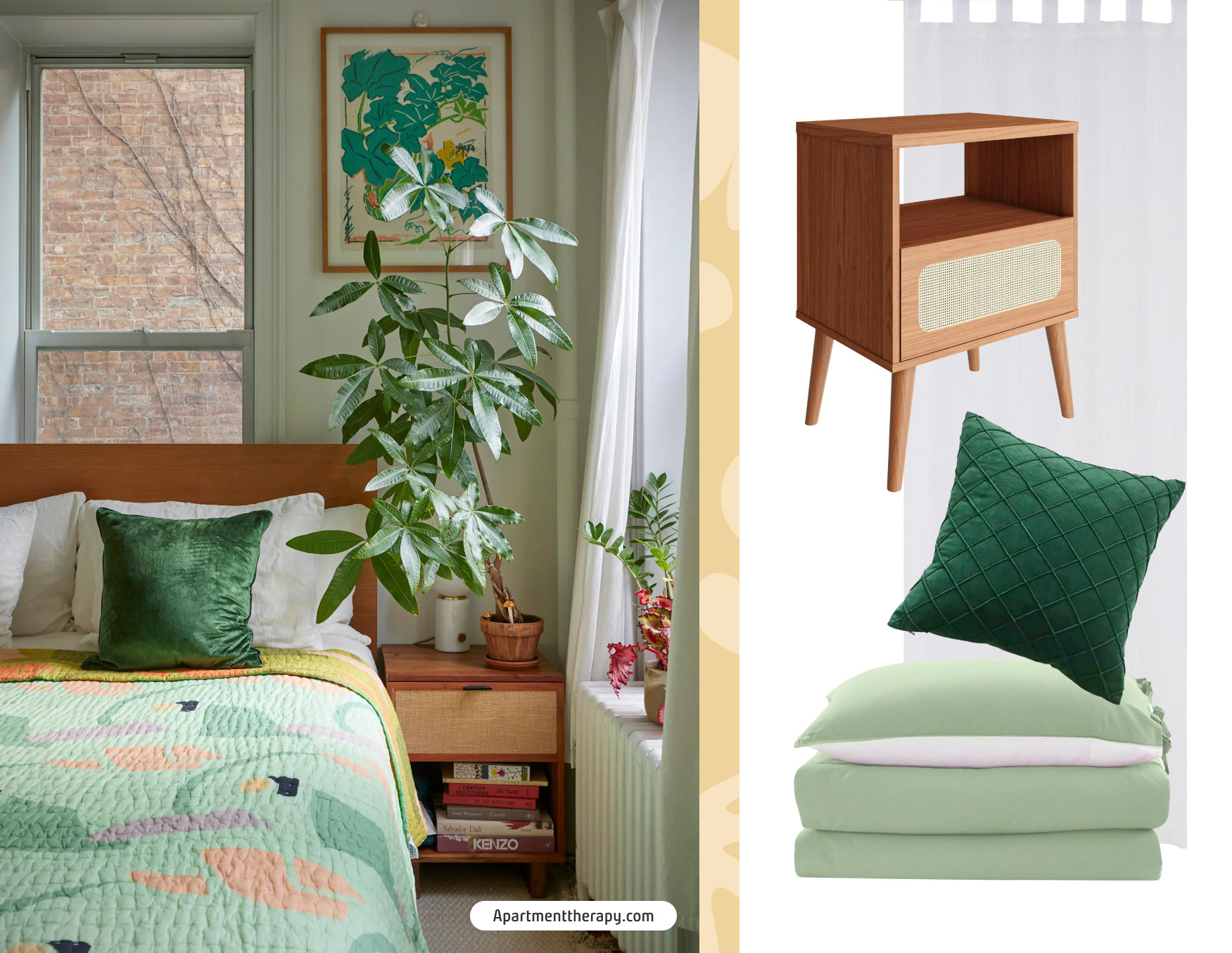 Dormitorio natural, junto a un moodboard Sodimac que incluye velador de madera con cajón, cortina blanca, cojín verde y sábanas verde agua.