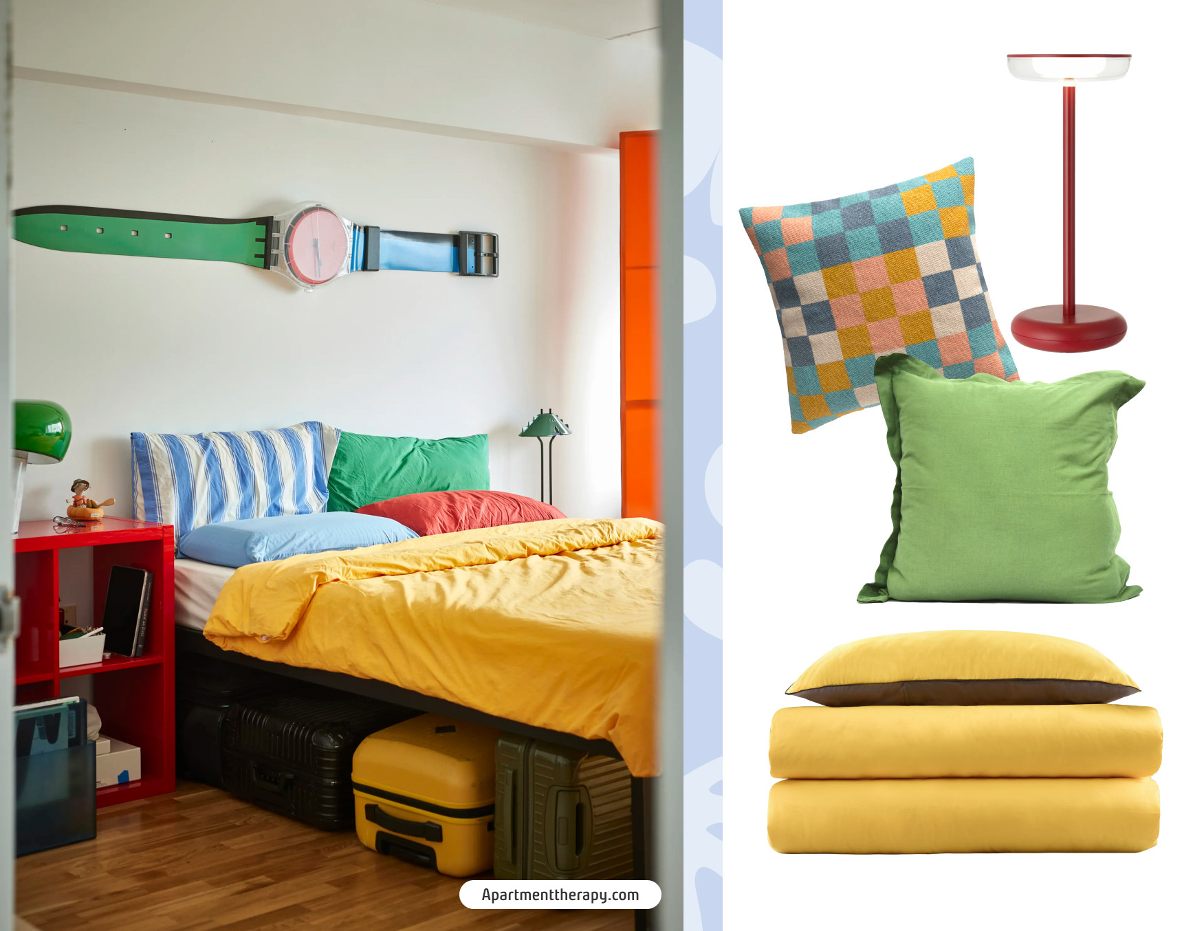 Dormitorio colorido, estilo kitsh. Moodboard Sodimac que incluye sábanas amarillas, cojín verde y cojín con diseño de cuadrados, lámpara de mesa roja