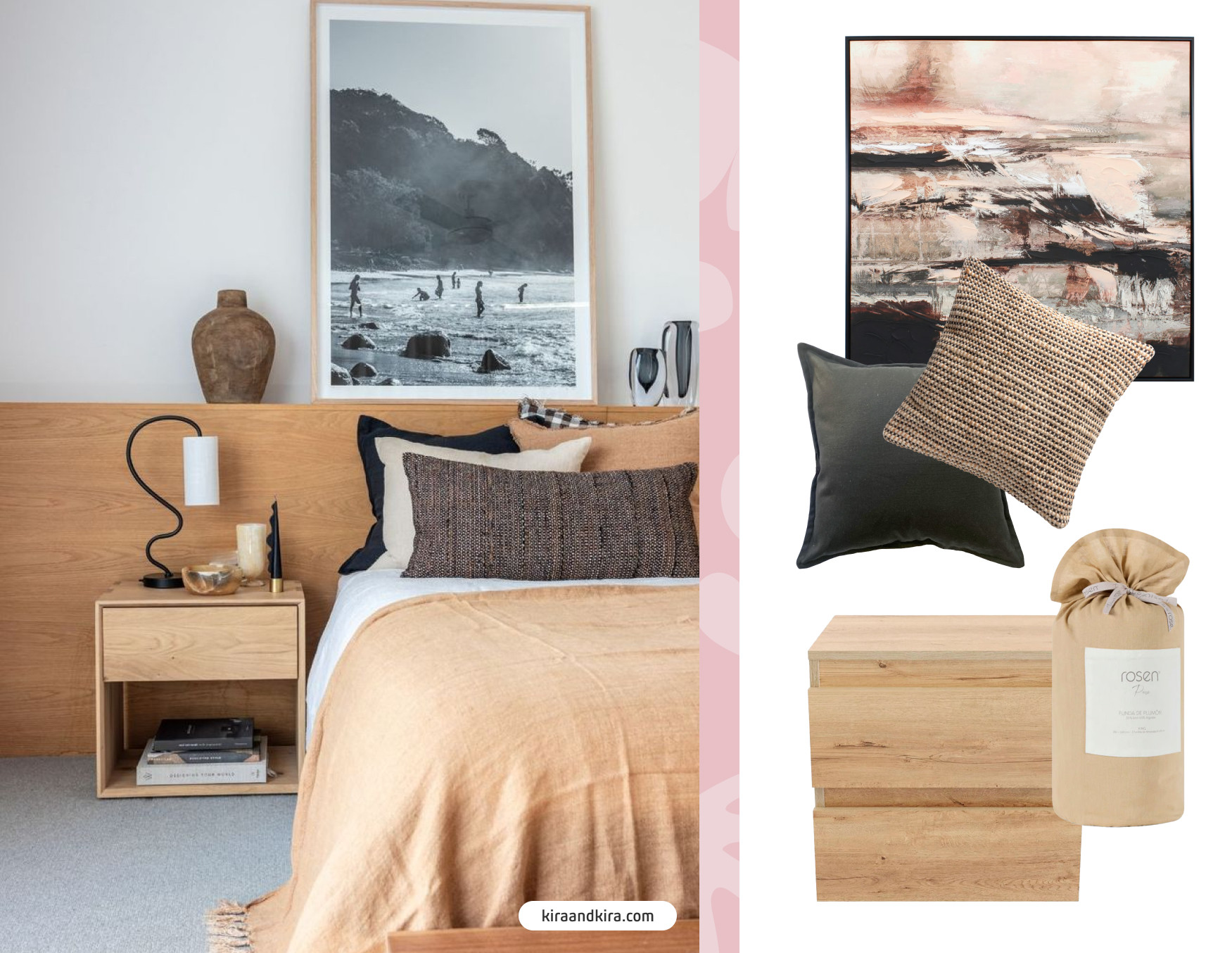 Imagen de dormitorio boho nórdico, junto a un moodboard Sodimac con un velador de madera con dos cajones, cojines beige y gris oscuro, cuadro abstracto y cobertor beige