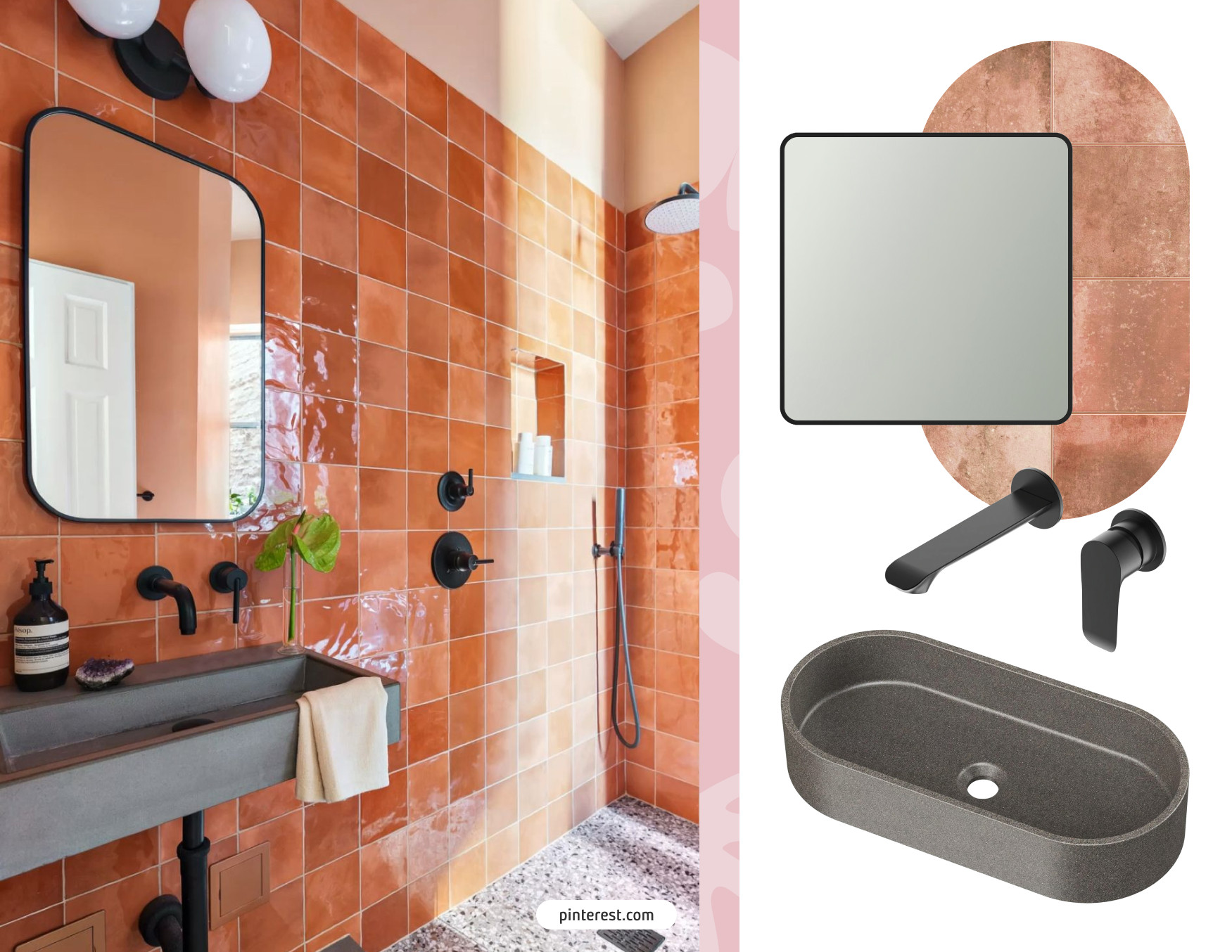 Baño con espejo cuadrado con luz sobre azulejos naranjos. Moodboard Sodimac con espejo cuadrado, lavamanos gris ovalado, grifería mural negra y azulejos en tonos tierra