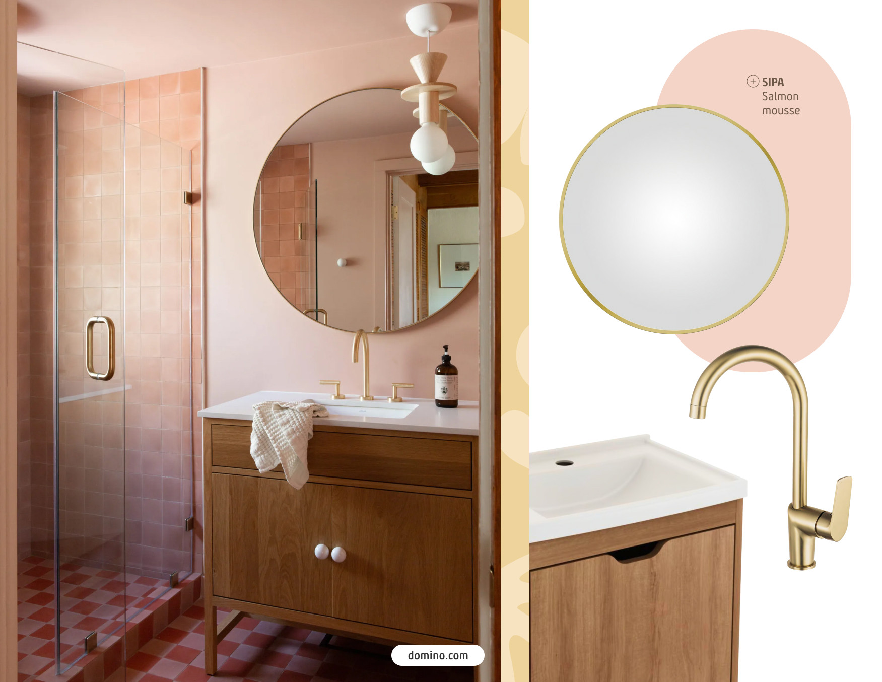 Baño estilo mediterráneo con muros rosados y espejo redondo sobre vanitorio de madera. Moodboard Sodimac con vanitorio de madera, espejo redondo, pintura rosa y grifería dorada