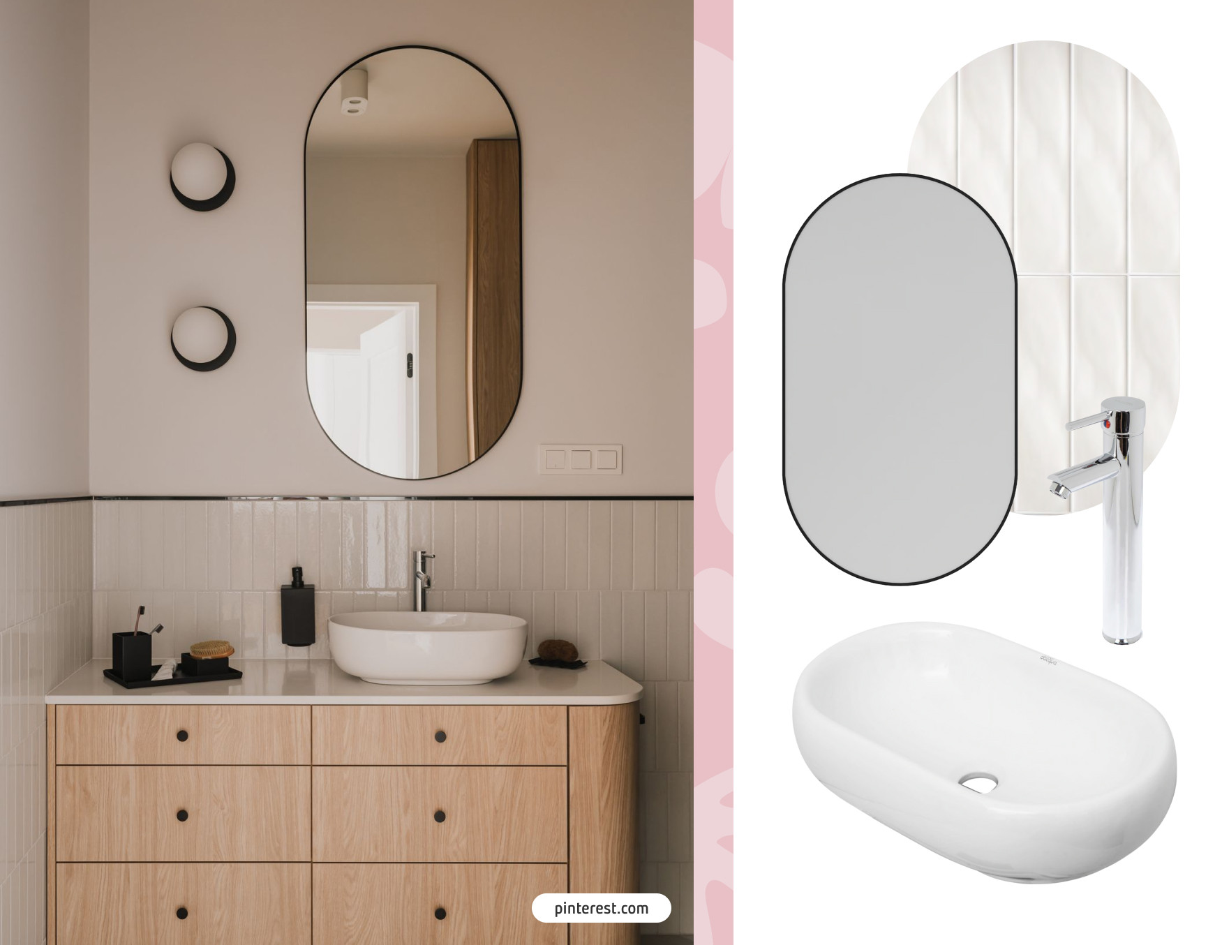 Baño moderno con espejo ovalado en muro beige. Moodboard Sodimac con espejo ovalado con marco negro, lavamanos blanco ovalado, azulejos blancos y grifería cromada