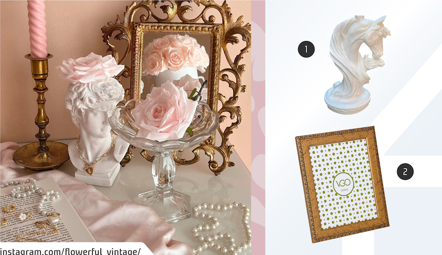 Moodboard de adornos estilo coquette disponibles en Sodimac junto a un detalle de un tocador con un espejo con marcos dorados y ornamentados, un mini busto, perlas y portavelas transparente.