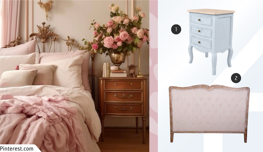 Moodboard de muebles estilo coquette disponibles en Sodimac junto a una foto de un dormitorio con un velador vintage de madera oscura y una cama con sábanas blancas y cobertor rosado y un respaldo dorado y ornamentado.