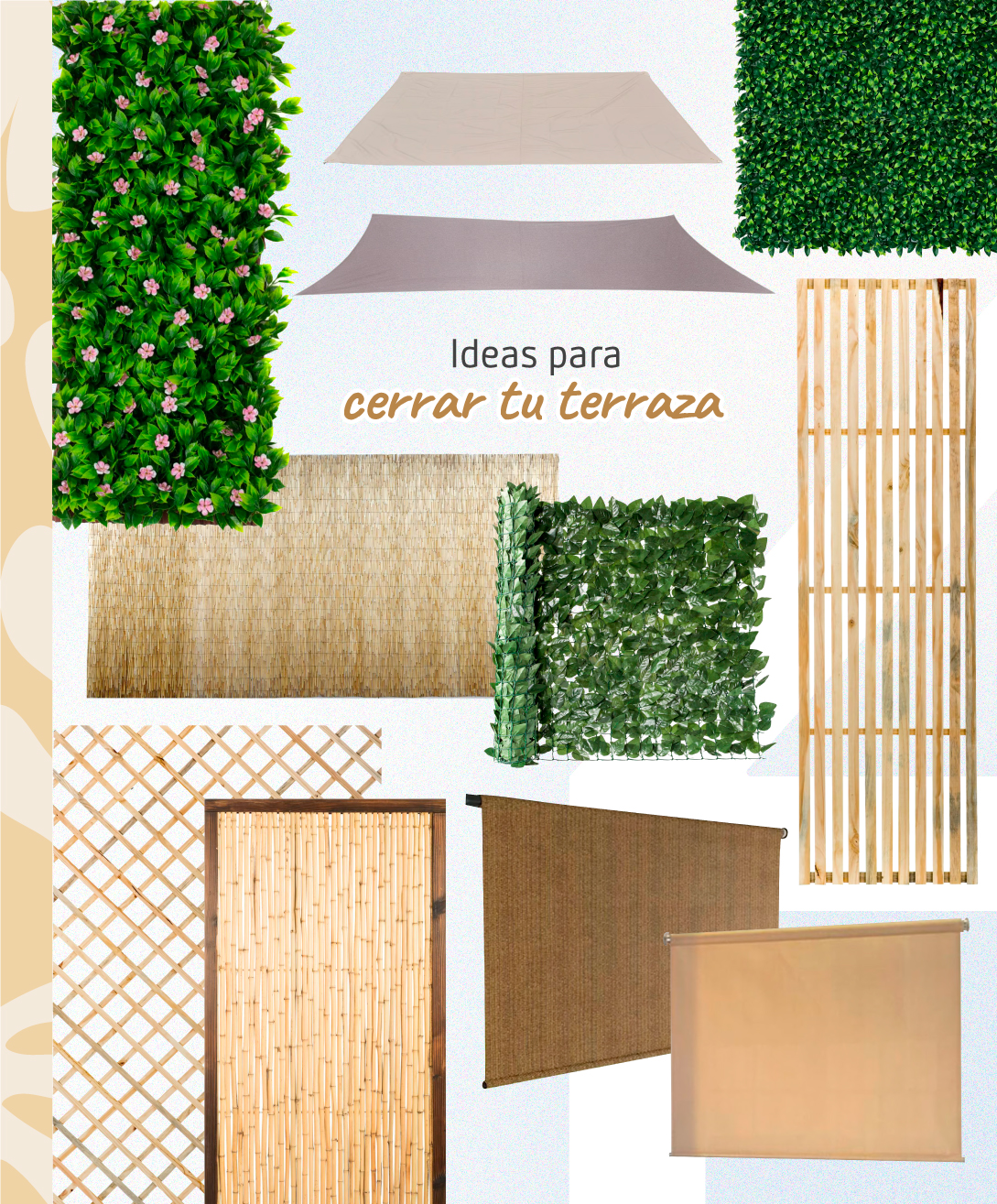 Moodboard con productos Sodimac, que incluyen ideas para darle privacidad a una terraza, como biombos, cortinas, muros verdes, entre otros