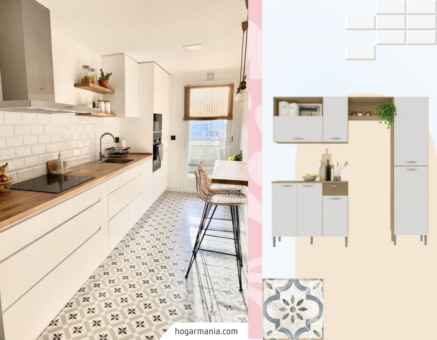 Cocina estrecha y angosta de colores claros. Moodboard Sodimac que incluye muebles blancos, cerámicos estilo subway e hidráulicos y color de pintura beige