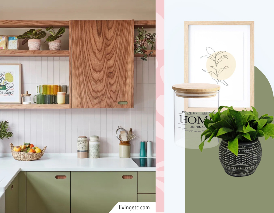 Cocina estrecha y angosta con muebles inferiores color verde y repisas superiores de madera. Moodboard Sodimac que incluye color verde olivo, frascos de vidrio con tapa de madera, una planta y cuadro minimalista