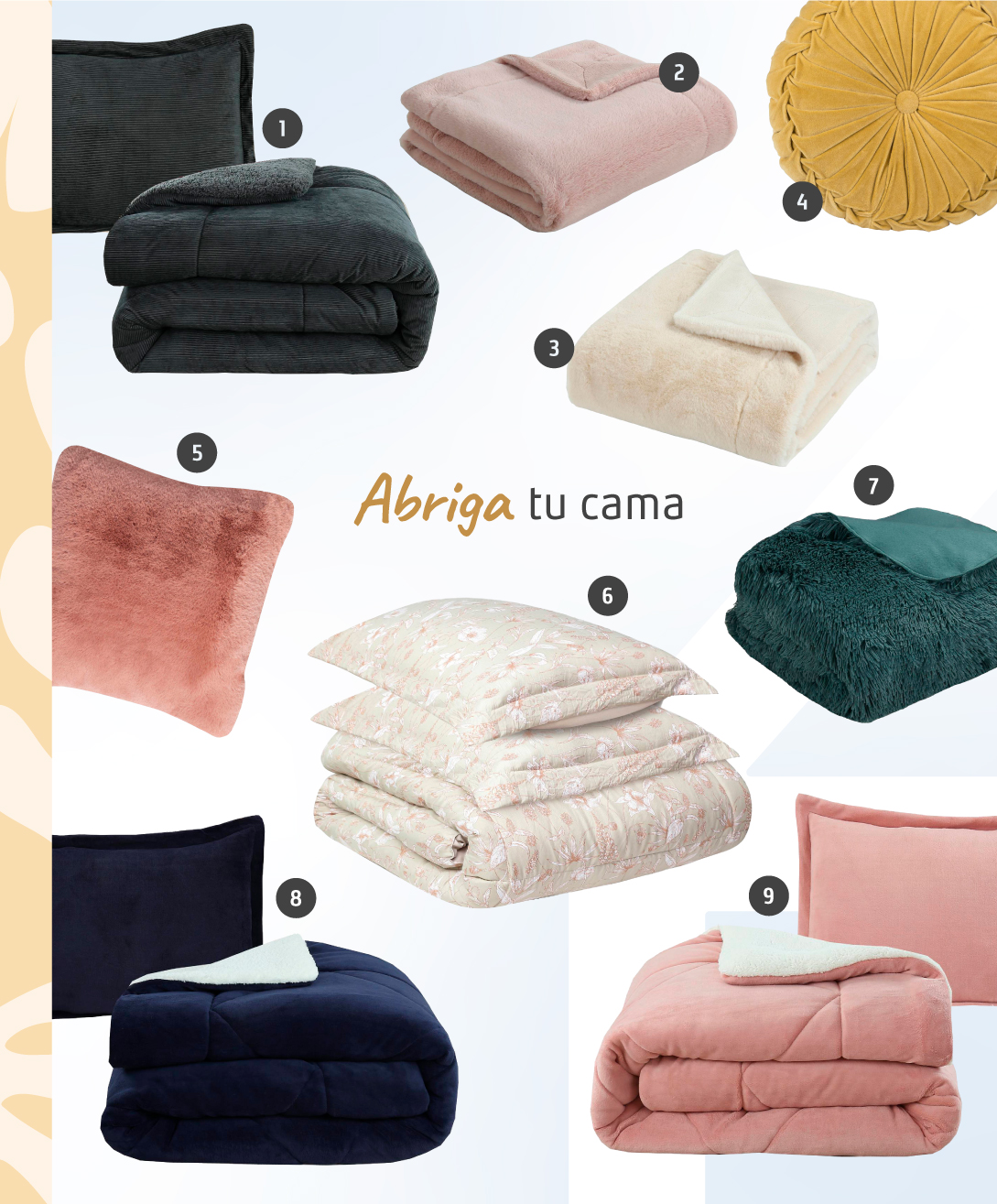 Moodboard con productos Sodimac para abrigar tu cama. Incluye plumones, frazadas y cojines de diferentes materiales y colores.