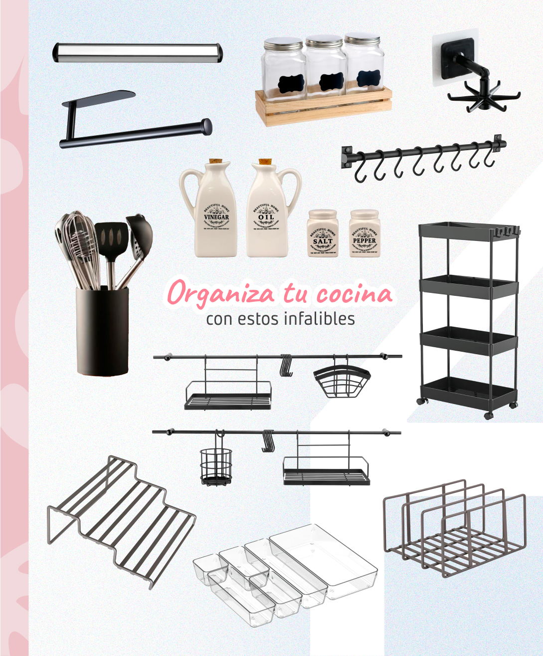 Moodboard Sodimac con productos para organizar la cocina. Incluye carros, repisas, barras colgantes, entre otros.