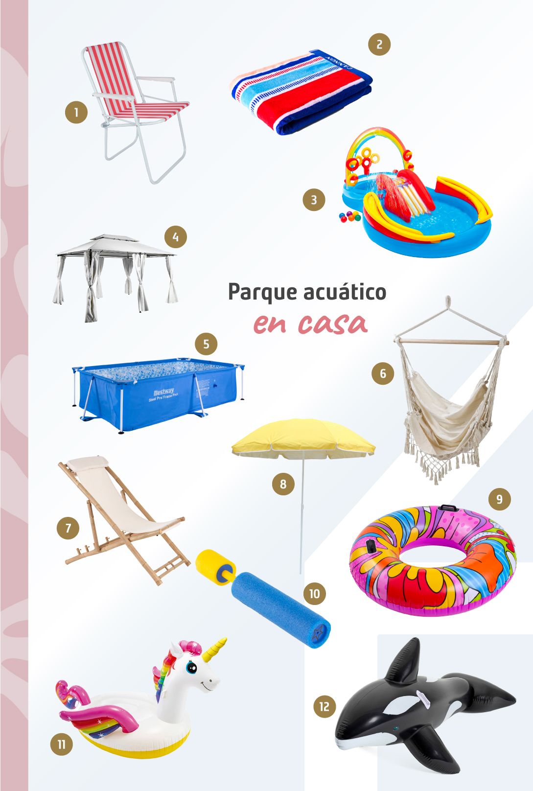 Moodboard de productos disponibles en Sodimac para hacer un parque acuático en casa.