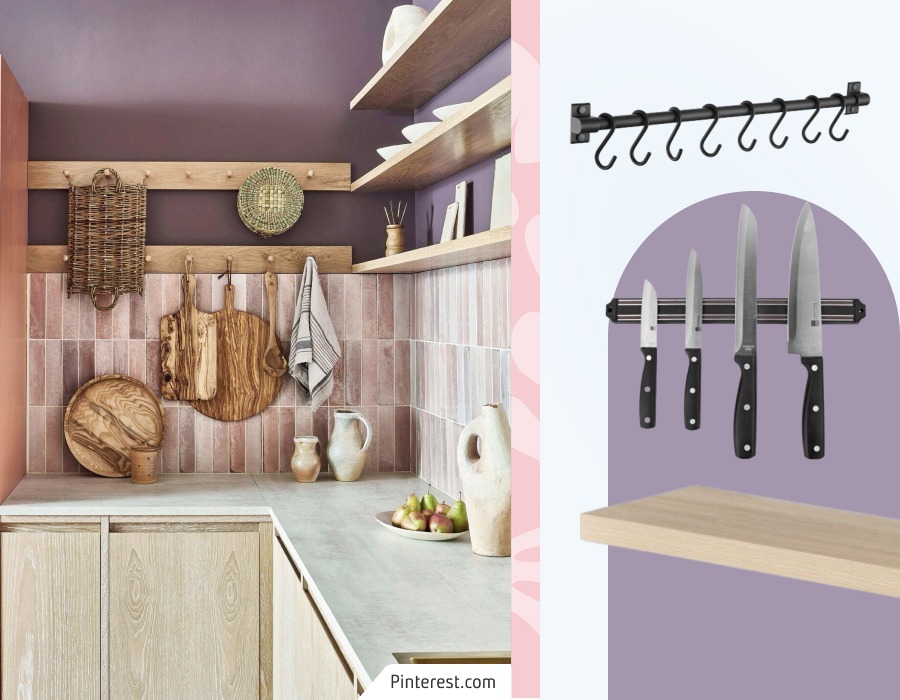 Cocina estrecha y angosta con repisas flotantes y ganchos para mantener utensilios organizados. Moodboard Sodimac que incluye color de pintura morada, repisa de madera, porta cuchillos con imán y barra con ganchos