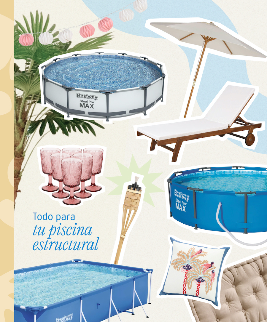 Moodboard Sodimac con productos de aire libre. Incluye piscinas estructurales, reposera, quitasol, copas, cojines, plantas y antorcha.