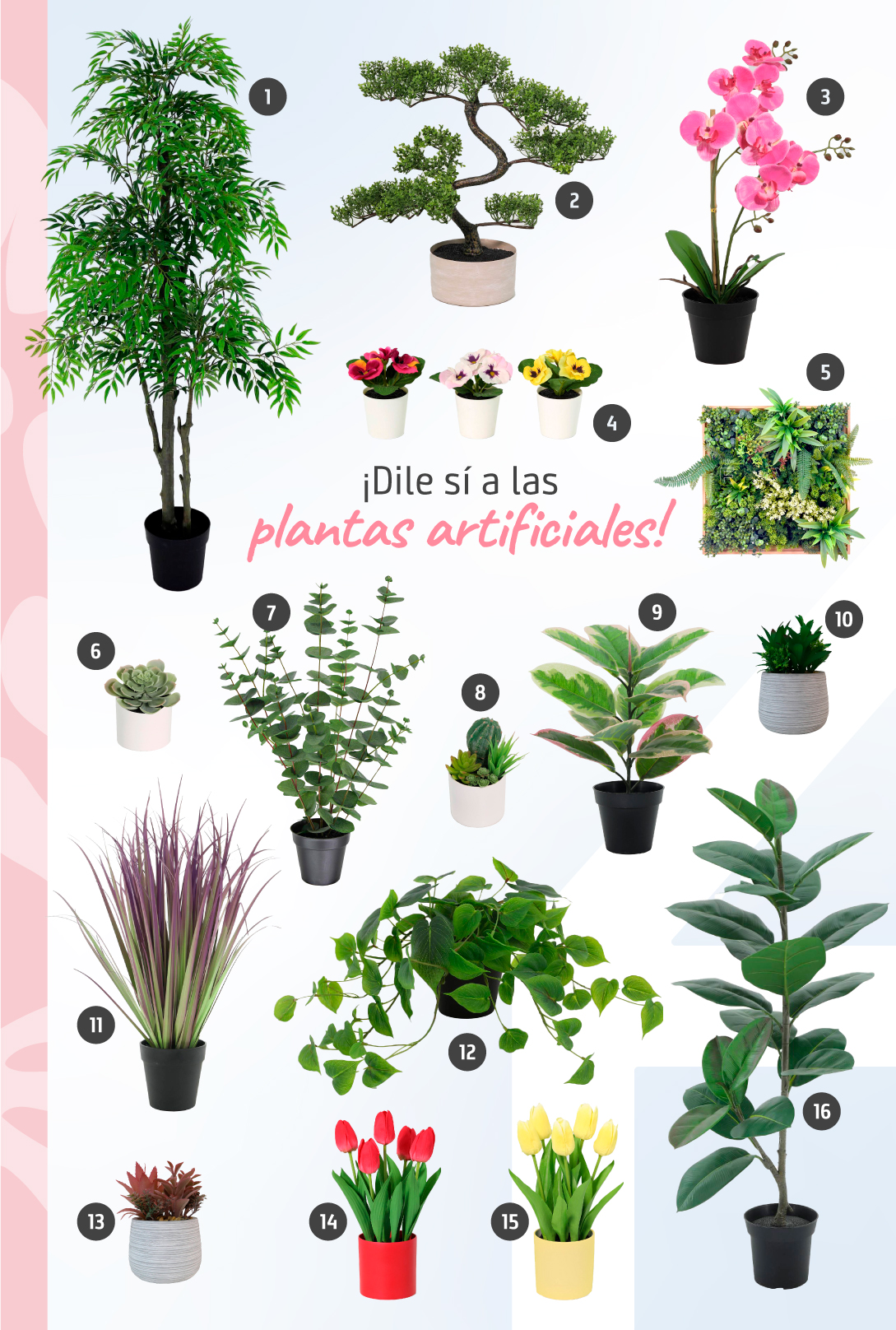 Moorboard de inspiración con 16 plantas y flores artificiales disponibles en Sodimac.
