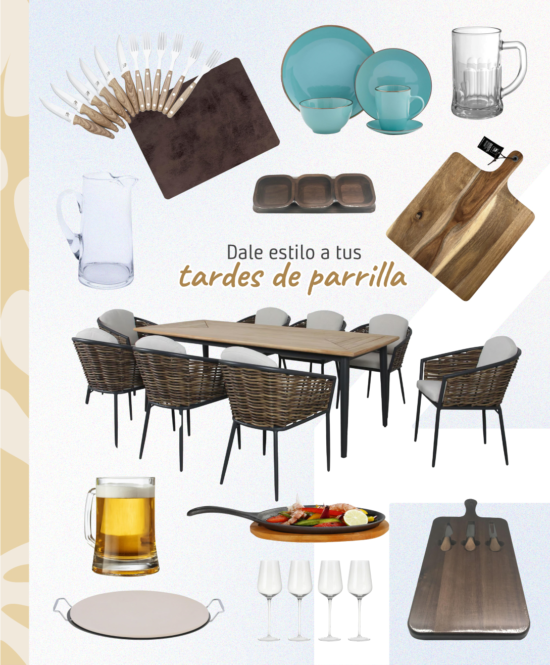 Moodboard con productos Sodimac para decorar una terraza para una tarde de parrilla. Incluye un comedor, vajilla, tablas, vasos, entre otros.