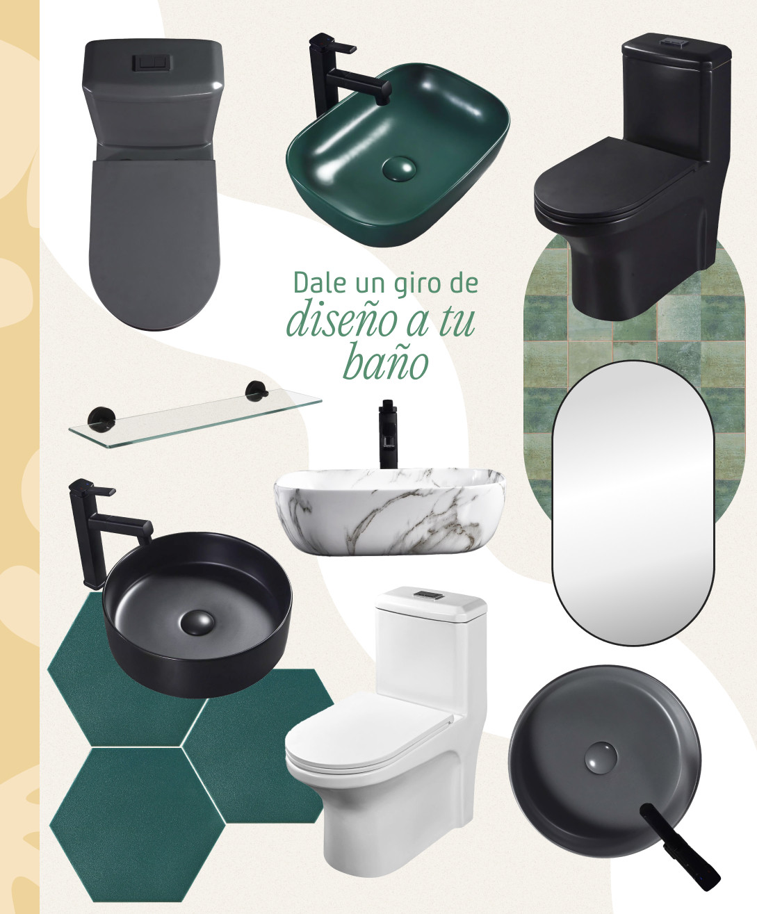 Moodboard Sodimac con wc y vanitorios modernos, en colores negro, blanco, verde y marmoleados. Incluye un espejo ovalado, repisa de vidrio y cerámicos.