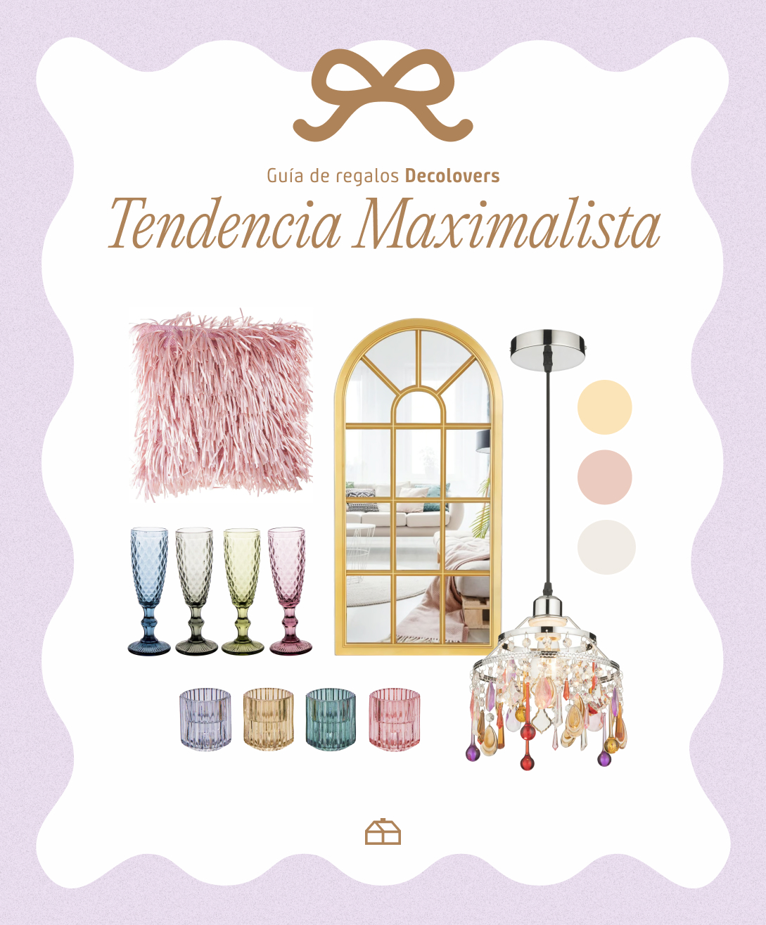 Moodboard Sodimac con regalos de estilo maximalista. Incluye espejo en forma de arco, lámpara de techo, cojín, set de copas, set de candelabros