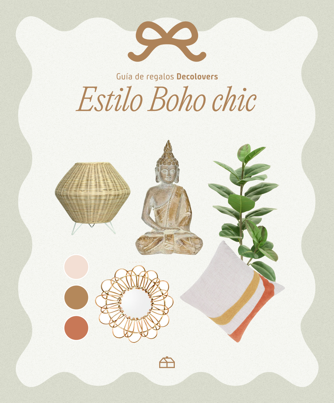 Moodboard Sodimac con regalos de estilo boho chic. Incluye lámpara de mesa, espejos, buda, plantas y cojines