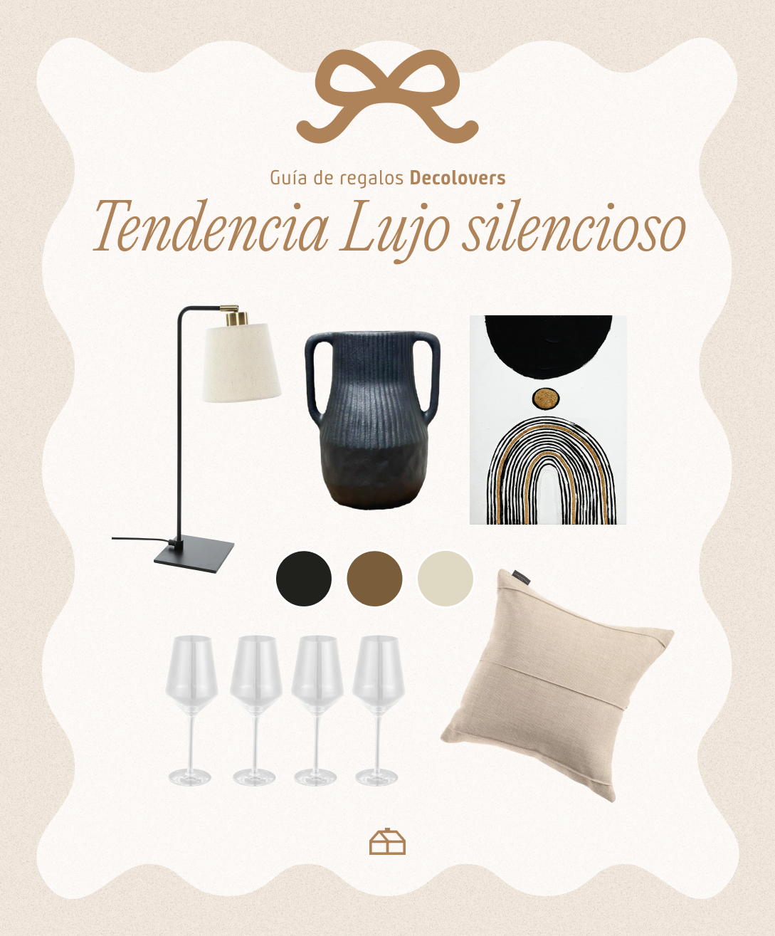 Moodboard Sodimac con regalos de estilo lujo silencioso. Incluye una lámpara de mesa, jarrón, copas, candelabro, cuadro.