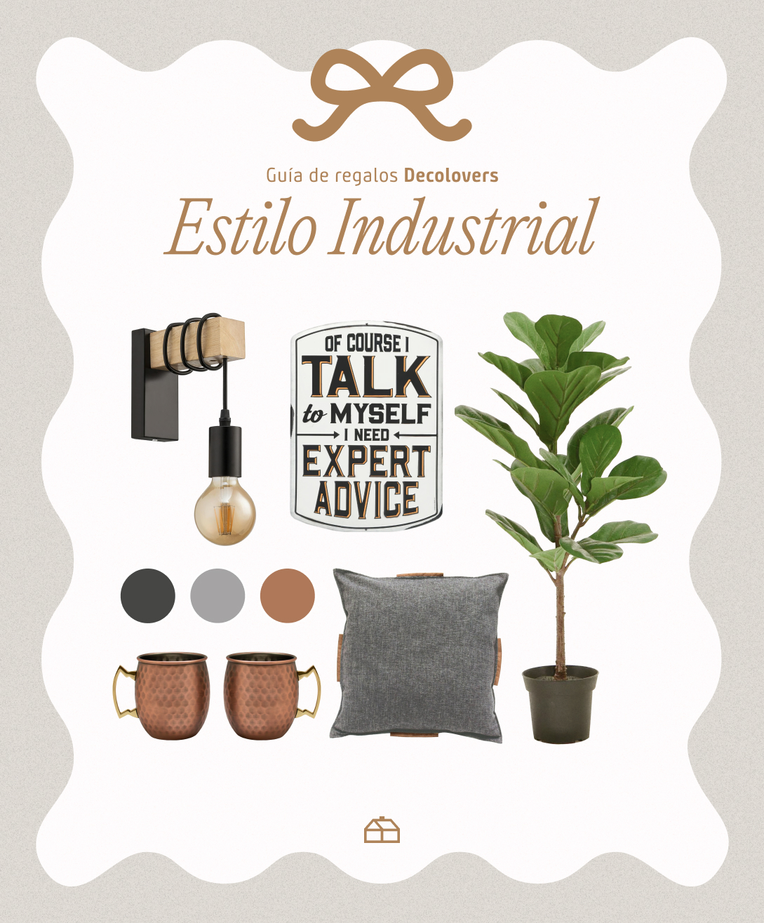 Moodboard Sodimac con regalos de estilo industrial. Incluye planta ficus lyrata, cartel metálico, mugs, cojín, lámpara de pared.